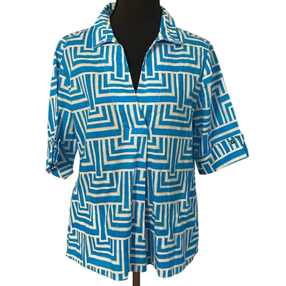 A La‎ Carte Blue White Geometric Linen Cotton Blend Tunic Top SM Coastal Resort